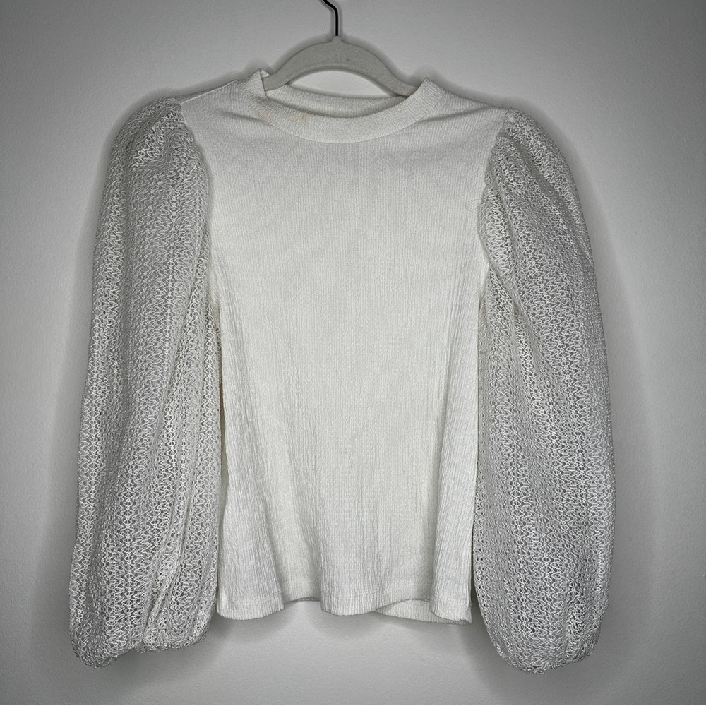 MNG Mango White Puffed Mesh Sleeve Textured Pullover‎ Top